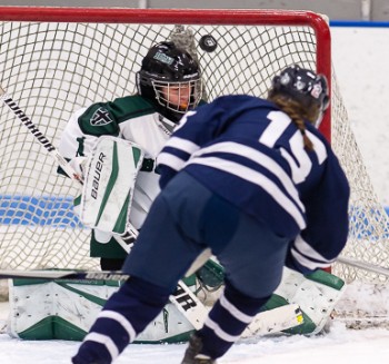 Junior Becca Gilmore beats Brooks goalie Caroline Kukas, giving Nobles the lead with 16 seconds left in the first period en route to a 7-2 victory on 