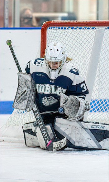 Nobles' sophomore G Anya Zupkofska earned the shutout against Williston Northampton in the 2021 Harrington final, making 40 saves including one on a p