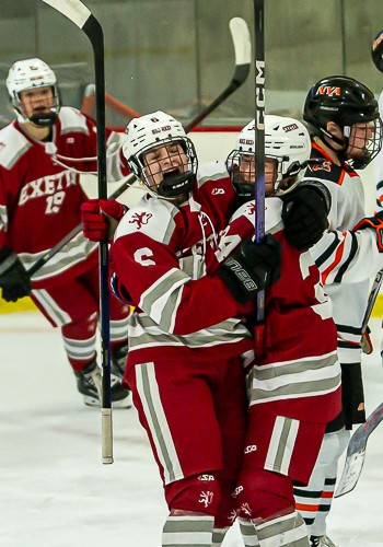 Exeter sophomore Maria Gray (6) celebrates with freshman Paisly Meyer (34) after scoring what proved to be the GWG in Exeter's 2-1 come-from-behind vi
