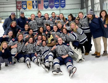 Kent celebrates its first-ever Div. I championship, a game in which they trailed Nobles 1-0 after two, but came out hard in the third, scoring four go