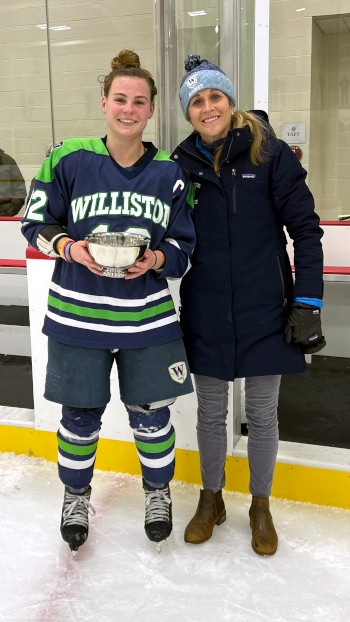 Emily Crovo '23, Williston forward and Elite 8 Tournament MVP, with head coach Christa Talbot Syfu.