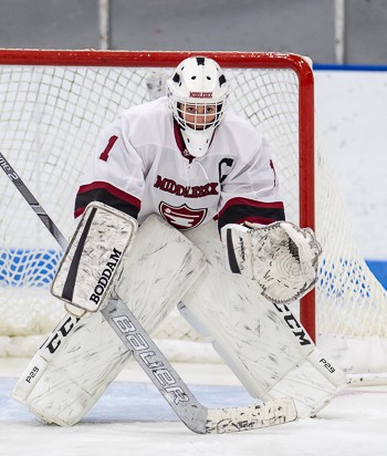 Middlesex goalie Daisy Boynton in action at last winter's Harrington Tournament. A senior from Concord, Mass., Boynton is a Harvard recruit.